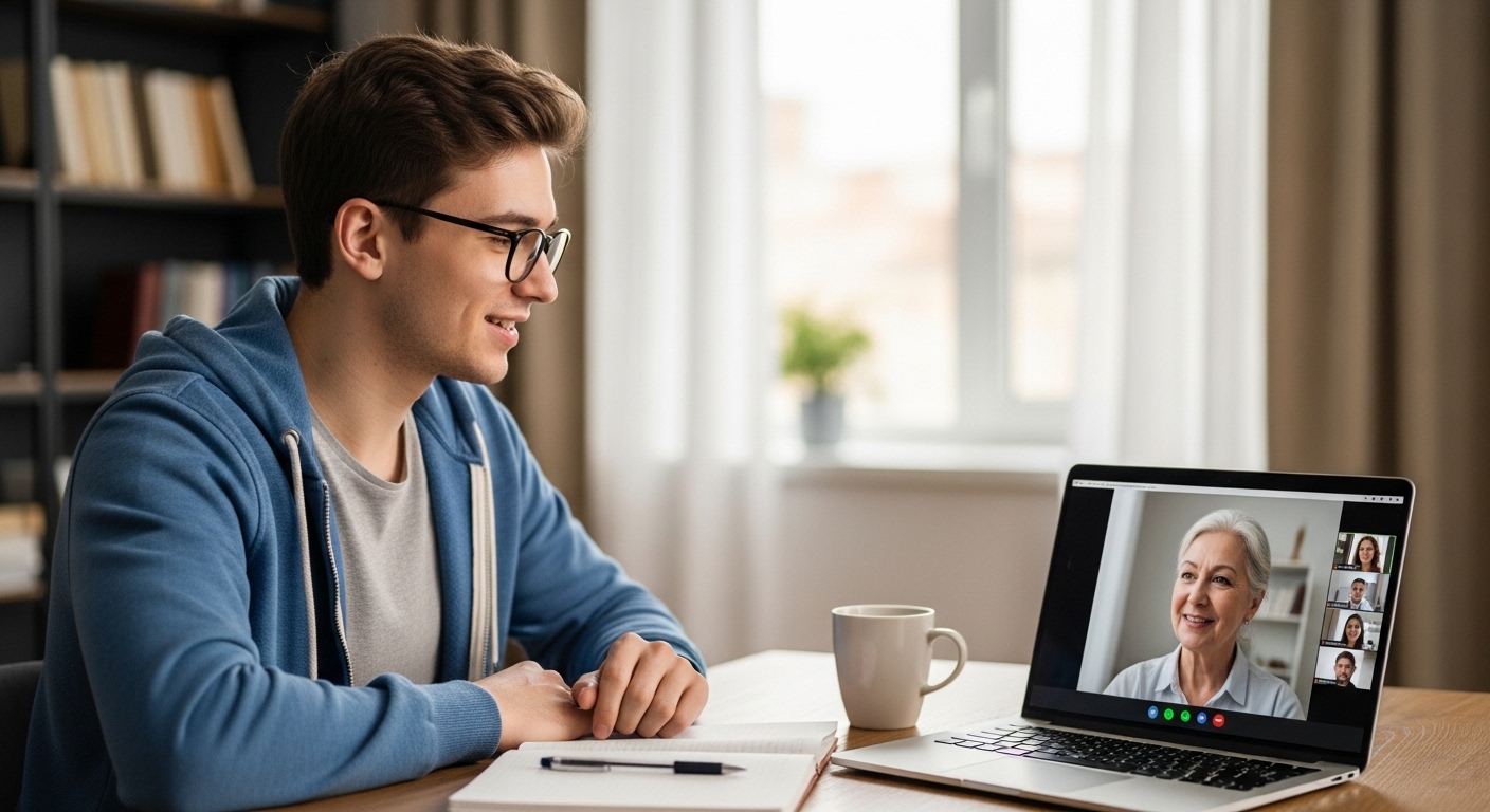 Estudiante practicando esperanto en una videollamada