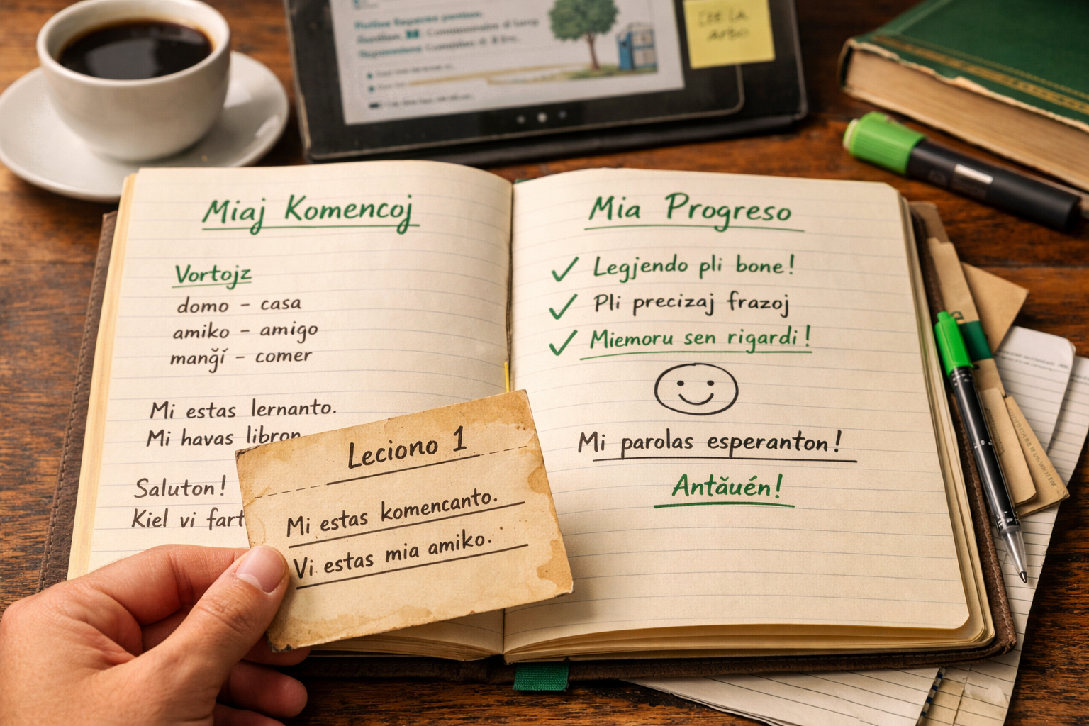 Progreso en el aprendizaje de esperanto con cuaderno mostrando avances y notas iniciales