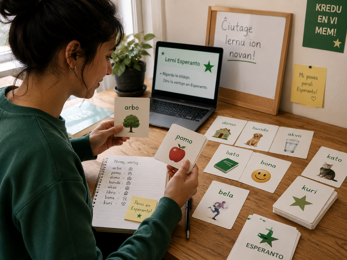 Aprendiz de esperanto asociando palabras con imágenes en lugar de traducciones