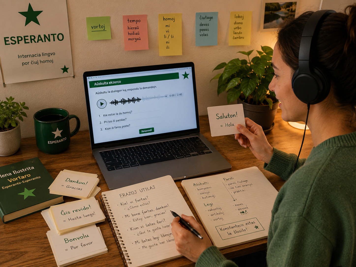 Estudiante practicando fluidez en esperanto con audios y tarjetas de vocabulario