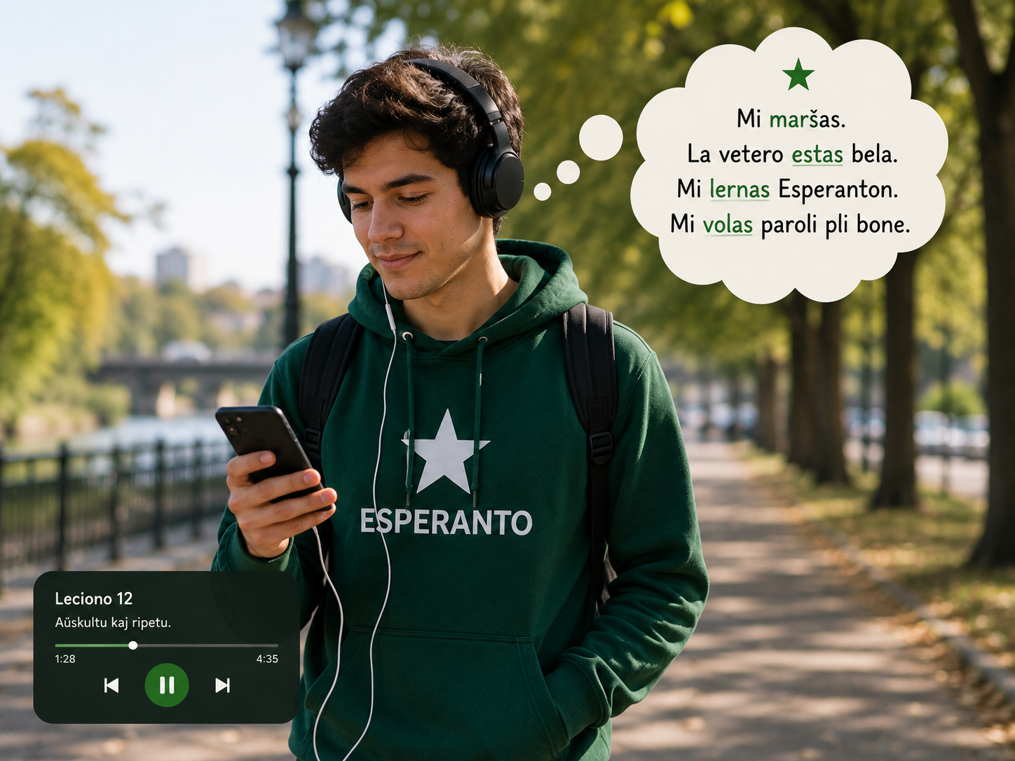 Persona practicando frases en esperanto durante una caminata diaria