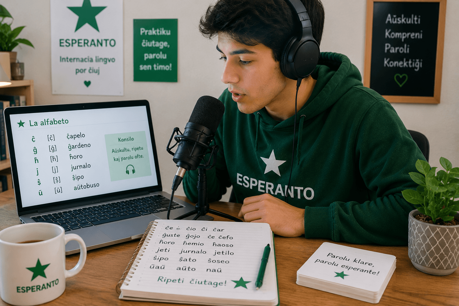 Estudiante practicando los sonidos del alfabeto en esperanto
