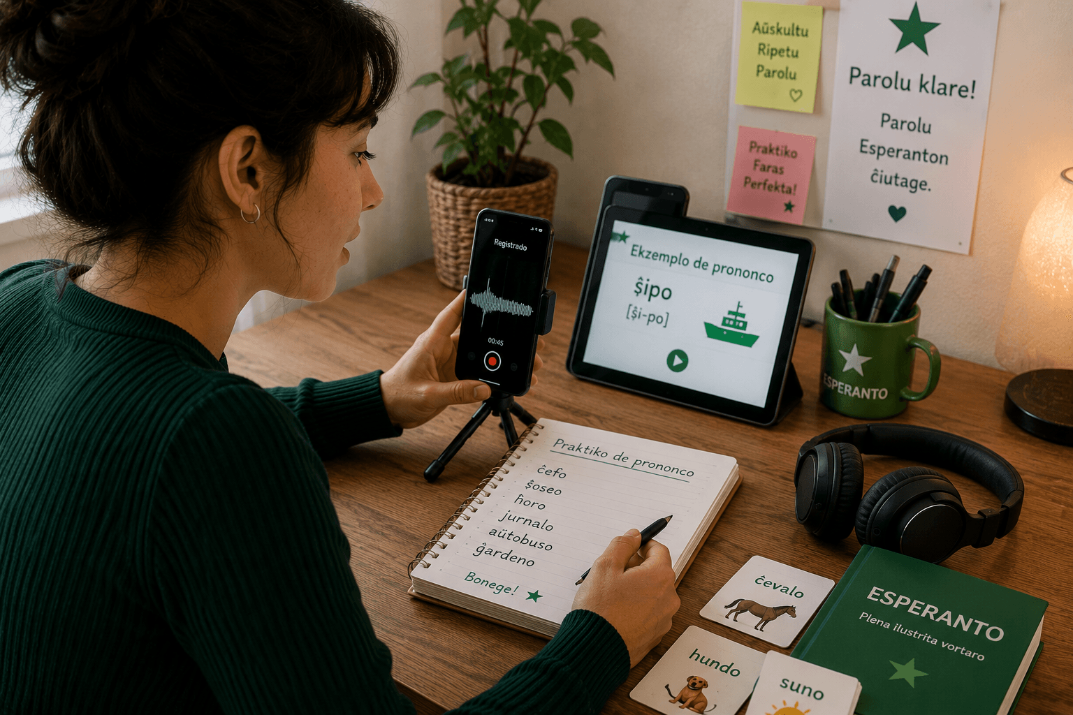 Persona grabando su pronunciación en esperanto para mejorar su fluidez