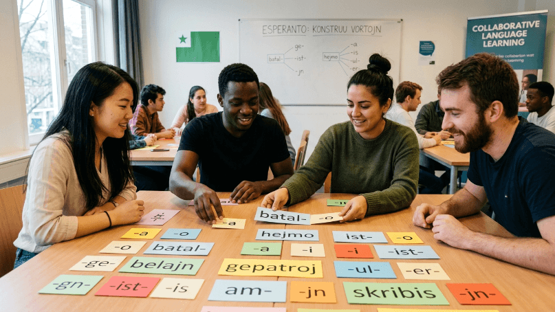 Estudiantes practicando prefijos y sufijos del esperanto en grupo