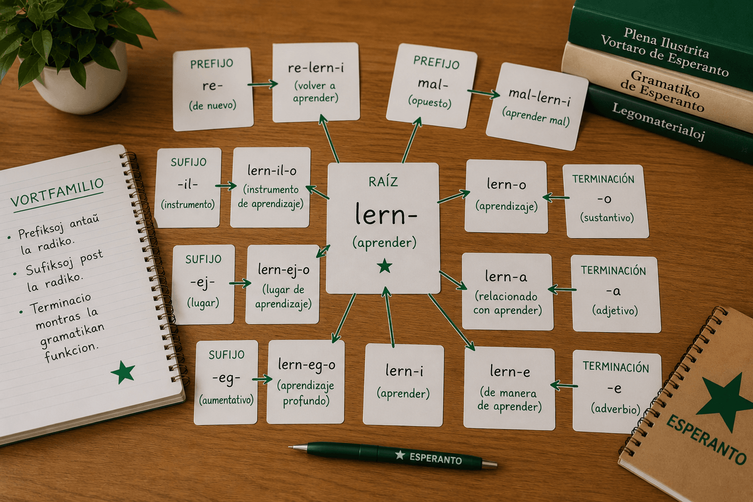 Raíz del esperanto conectada con palabras formadas mediante afijos