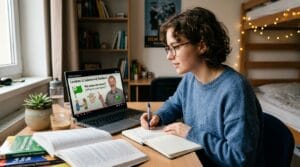 Estudiante comprendiendo un video sencillo en esperanto con apoyo visual