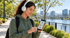 Persona practicando comprensión auditiva en esperanto durante una caminata